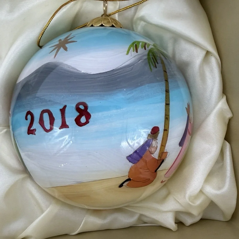 Three Hand‎ Painted Pier One Li Bien 2018 Christmas Ornaments w/ 3 Position Box